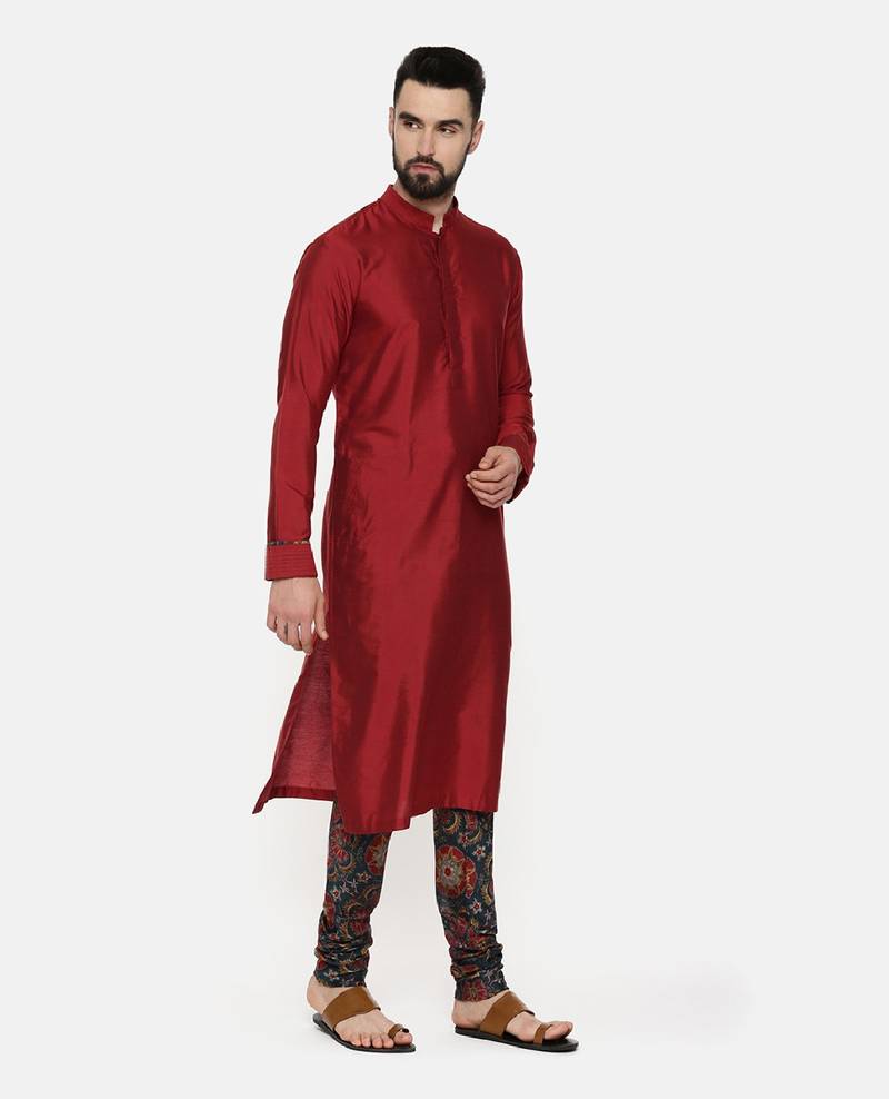 Red Silk Kurta With Printed Chudidar