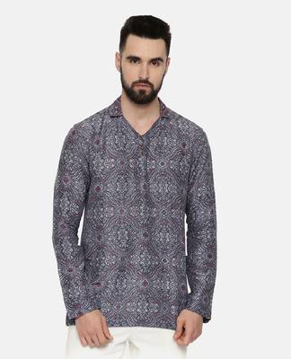 Blue Printed Linen Bemberg Short Kurta 1