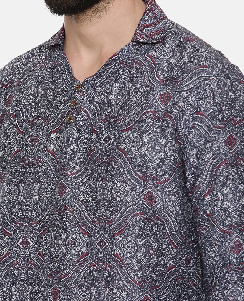 Blue Printed Linen Bemberg Short Kurta