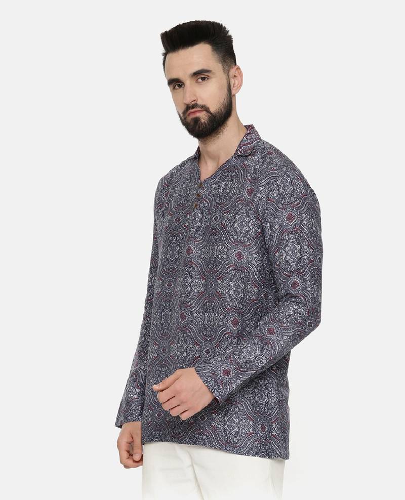 Blue Printed Linen Bemberg Short Kurta
