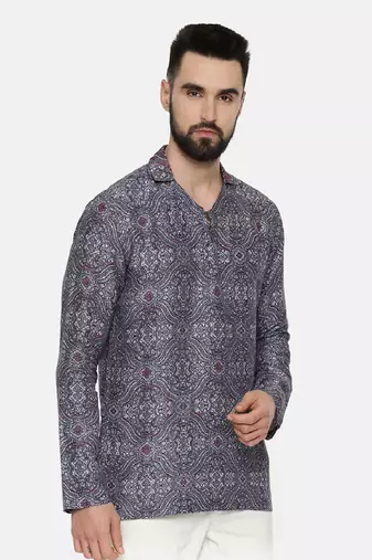 Blue Printed Linen Bemberg Short Kurta