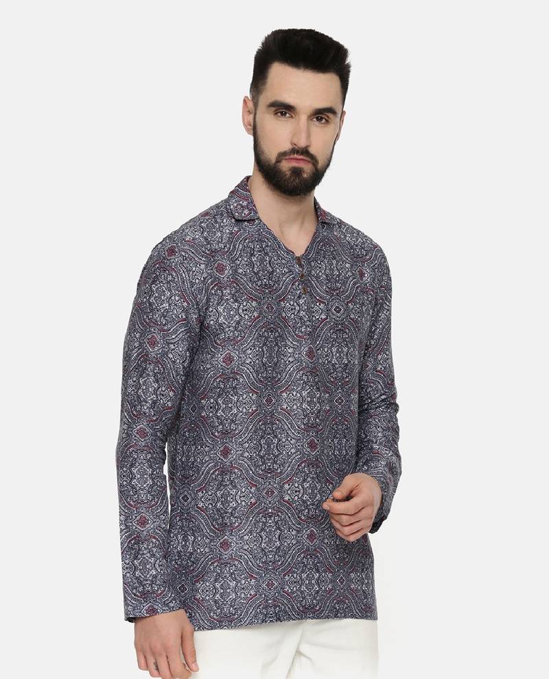 Blue Printed Linen Bemberg Short Kurta