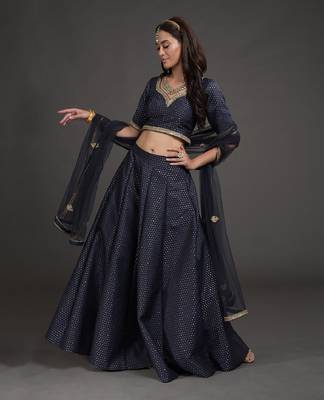 Navy Blue Benaras Weave Zardozi Embroidered Lehenga Set 1