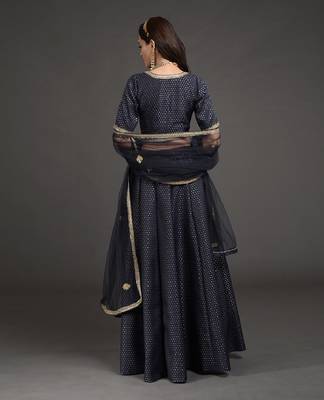 Navy Blue Benaras Weave Zardozi Embroidered Lehenga Set 2