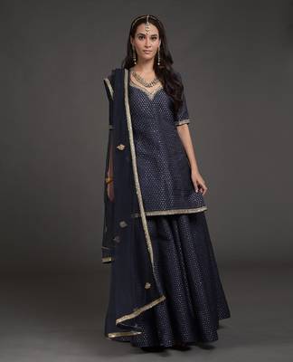 Navy Blue Benaras Weave Zardozi Embroidered Lehenga Set 3