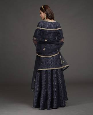 Navy Blue Benaras Weave Zardozi Embroidered Lehenga Set 4