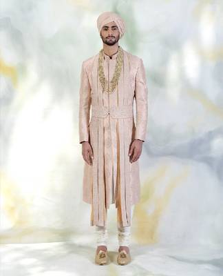 Beige Gold Embroidered Silk Sherwani Set 1