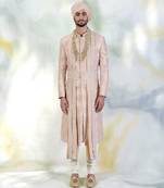 Beige Gold Embroidered Silk Sherwani Set