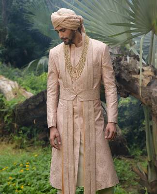 Beige Gold Embroidered Silk Sherwani Set 2