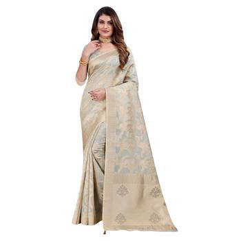 Beige woven organza saree with blouse 1
