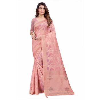 Peach woven organza saree with blouse 1