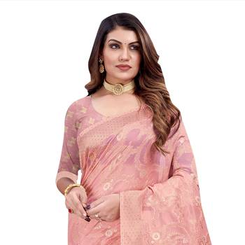 Peach woven organza saree with blouse 2