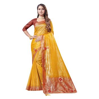 Yellow embroidered organza saree with blouse 1