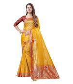 Yellow embroidered organza saree with blouse