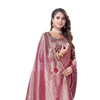 Pink embroidered organza saree with blouse 2