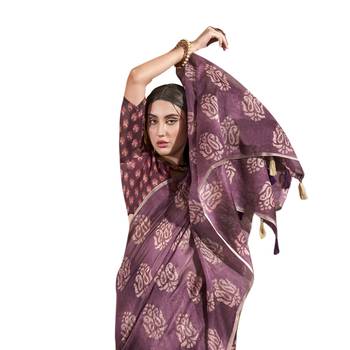 Purple printed cotton saree with blouse 2