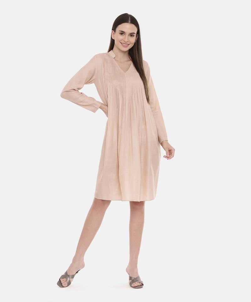 Cream Pleated/Pintuck Dress