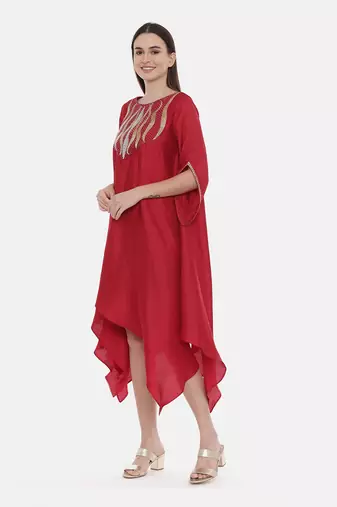 Red Embroidered Silk Dress