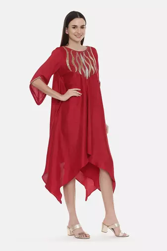 Red Embroidered Silk Dress