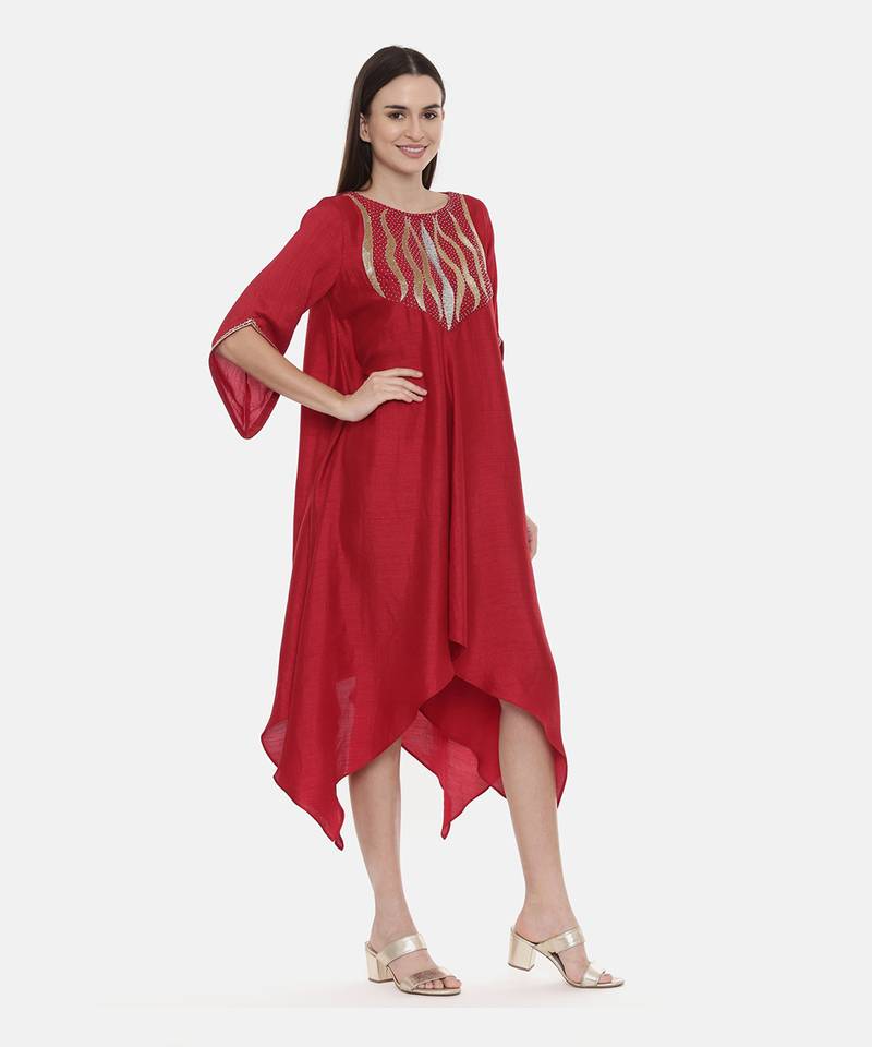 Red Embroidered Silk Dress