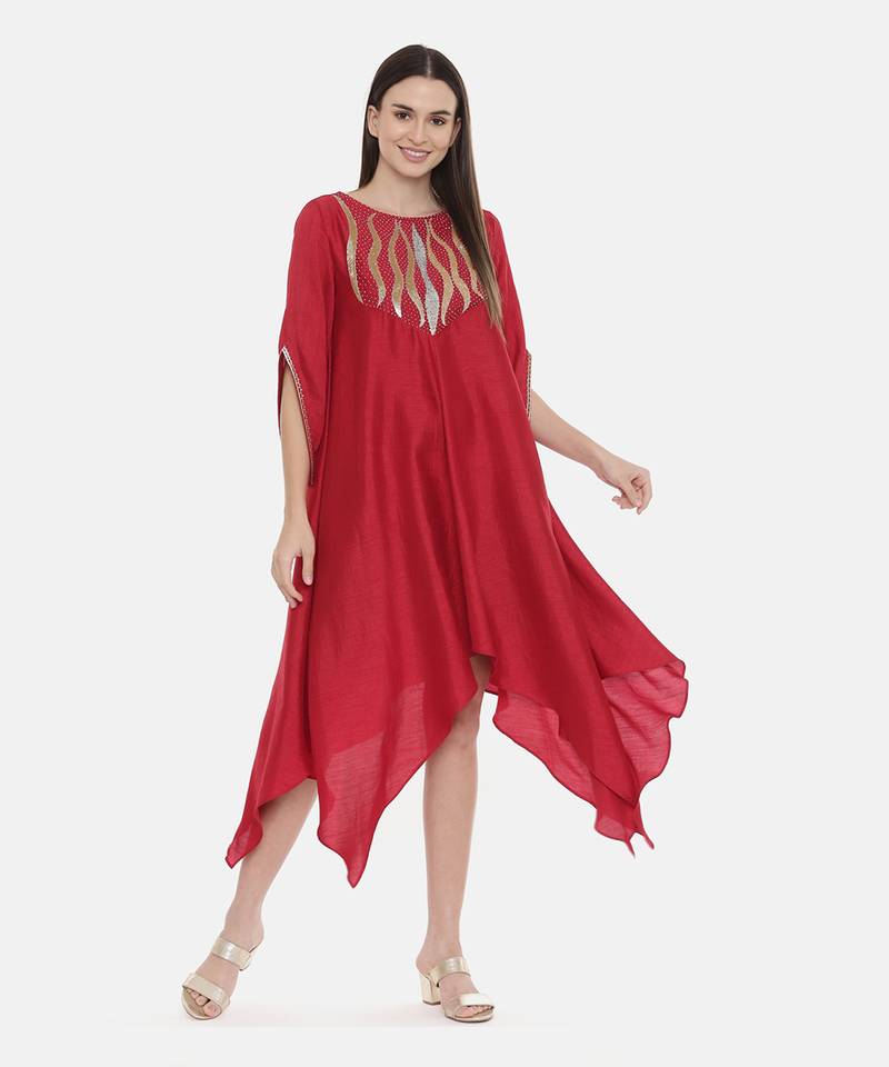 Red Embroidered Silk Dress