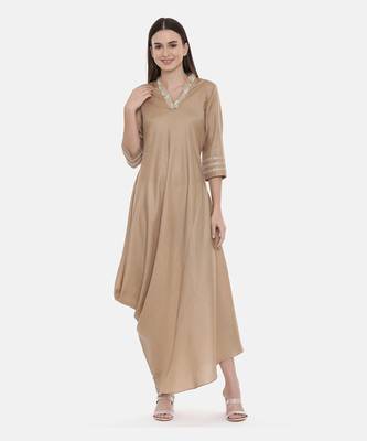 Beige Drape Linen Satin Dress 1