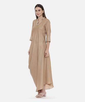 Beige Drape Linen Satin Dress 2