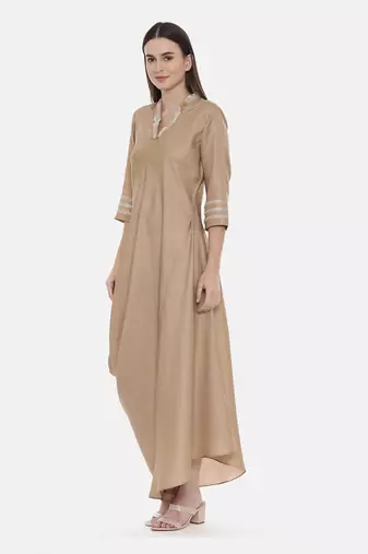 Beige Drape Linen Satin Dress