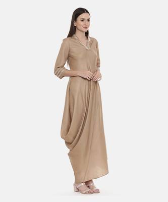 Beige Drape Linen Satin Dress 3