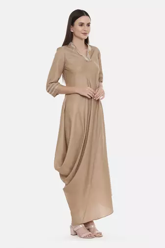 Beige Drape Linen Satin Dress