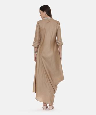 Beige Drape Linen Satin Dress 4