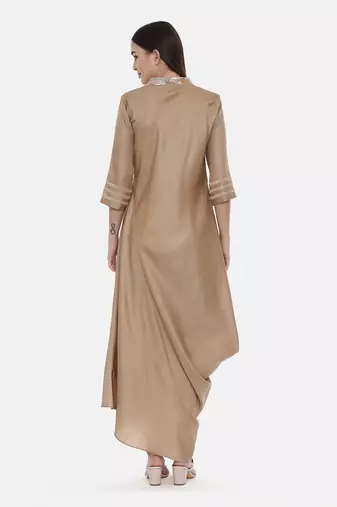 Beige Drape Linen Satin Dress