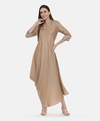 Beige Drape Linen Satin Dress 5