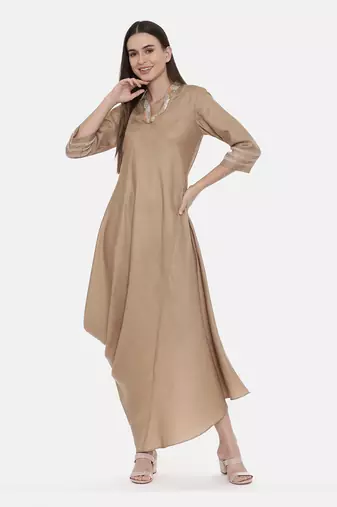 Beige Drape Linen Satin Dress