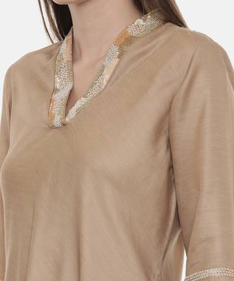 Beige Drape Linen Satin Dress 6
