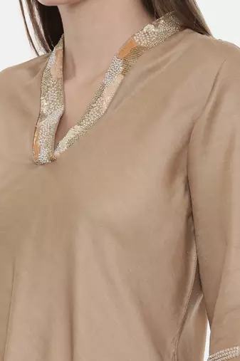 Beige Drape Linen Satin Dress