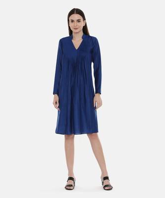 Blue Pintuck Linen Satin Dress 2