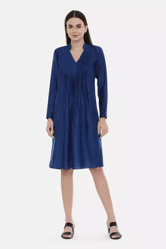 Blue Pintuck Linen Satin Dress
