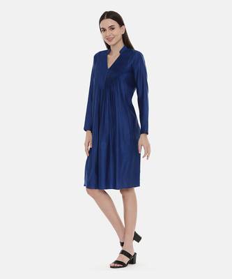 Blue Pintuck Linen Satin Dress 1
