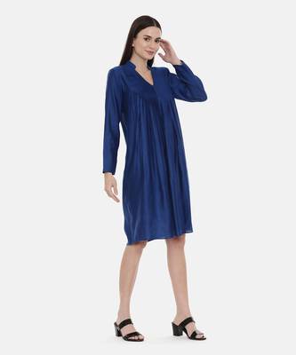 Blue Pintuck Linen Satin Dress 3