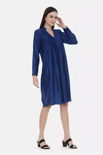 Blue Pintuck Linen Satin Dress