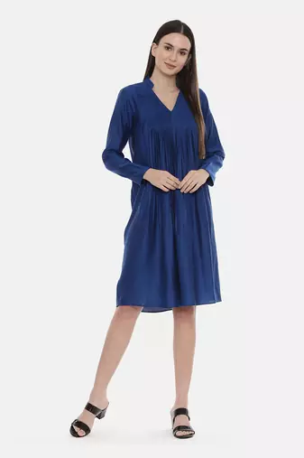 Blue Pintuck Linen Satin Dress