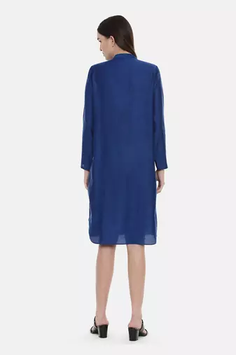 Blue Pintuck Linen Satin Dress