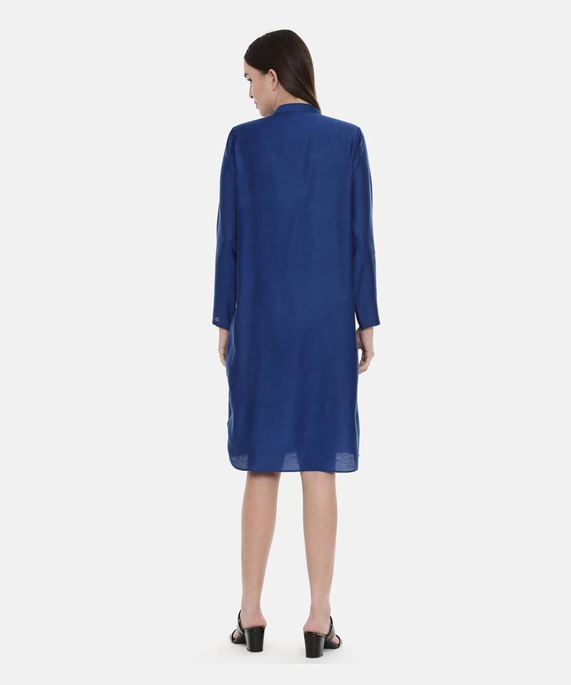 Blue Pintuck Linen Satin Dress