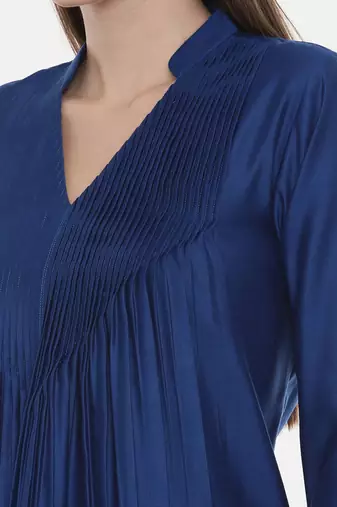 Blue Pintuck Linen Satin Dress