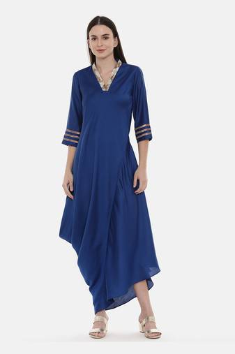 Blue Drape Linen Satin Dress