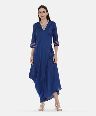 Blue Drape Linen Satin Dress 1