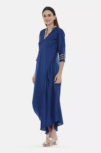 Blue Drape Linen Satin Dress