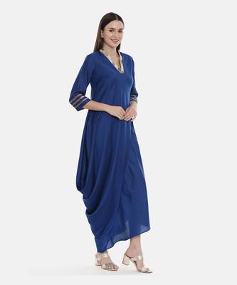 Blue Drape Linen Satin Dress 3