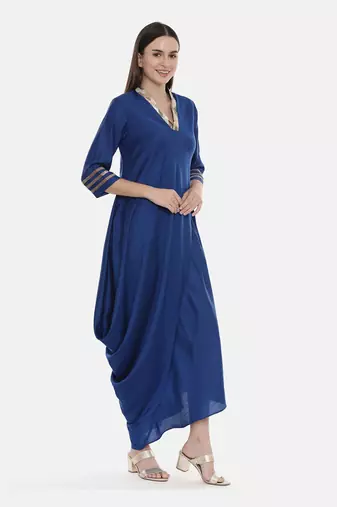 Blue Drape Linen Satin Dress
